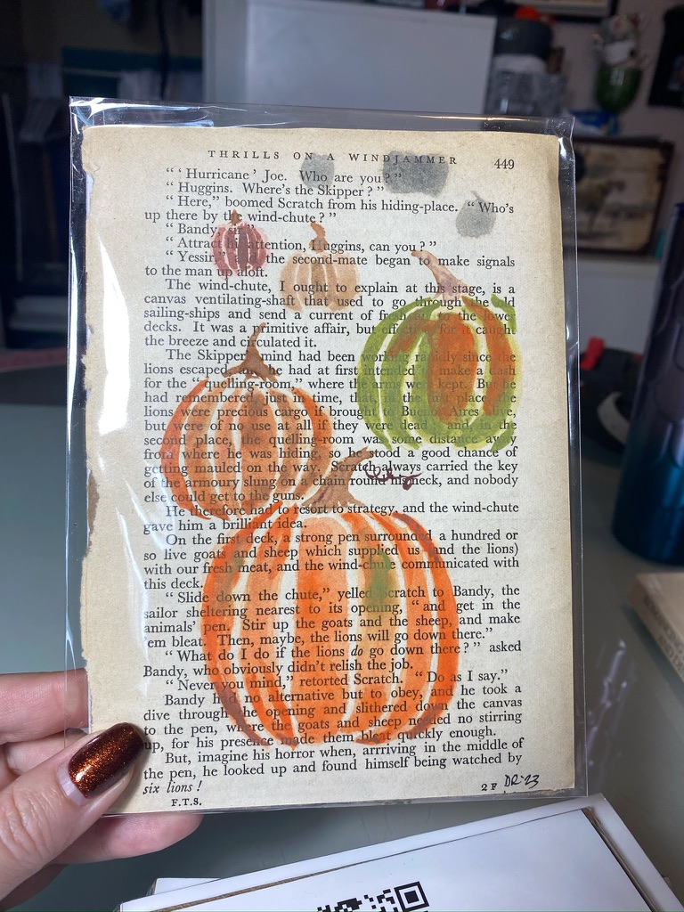 Pumpkin Trio on Vintage Book Page – 5"x7" Original Watercolour