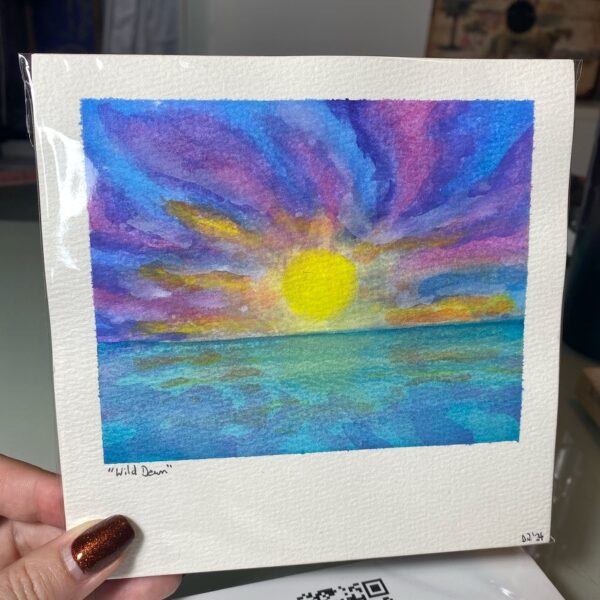 Wild Dawn Watercolour – Original 6x6 Sunrise Seascape Watercolour