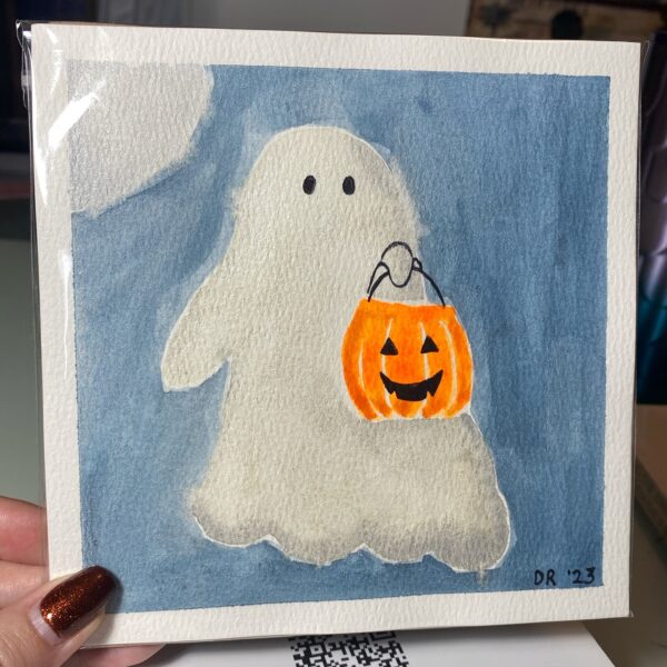 Shimmering Ghost with Pumpkin Watercolour Painting – 6"x6"