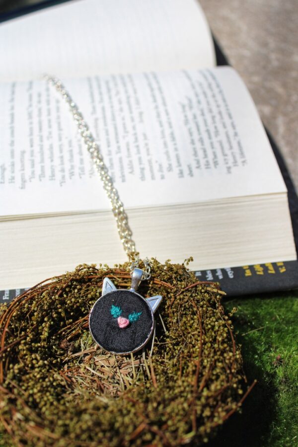 Cat Ear Hand Embroidered Necklace – Silver Frame - Image 2