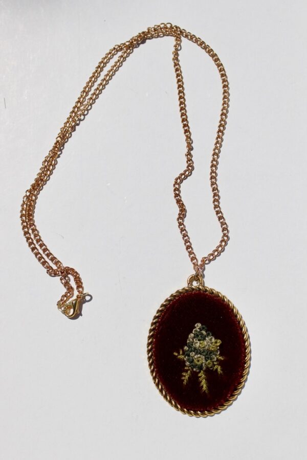 Hand Embroidered Floral Necklace- large red velvet with weed nug - Image 5