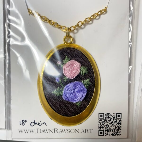Pink and Purple Rose Hand Embroidered Necklace with Gold Frame - Image 3
