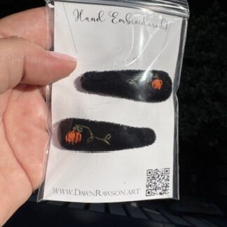 Hand Embroidered Hairclip Pair- pumpkins on black velvet