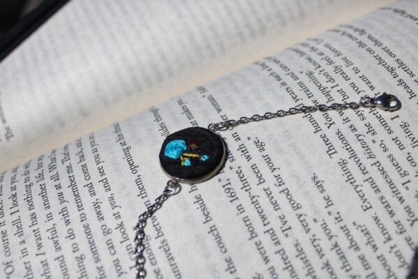 Blue Bloom Hand Embroidered Bracelet – Silver Chain - Image 2