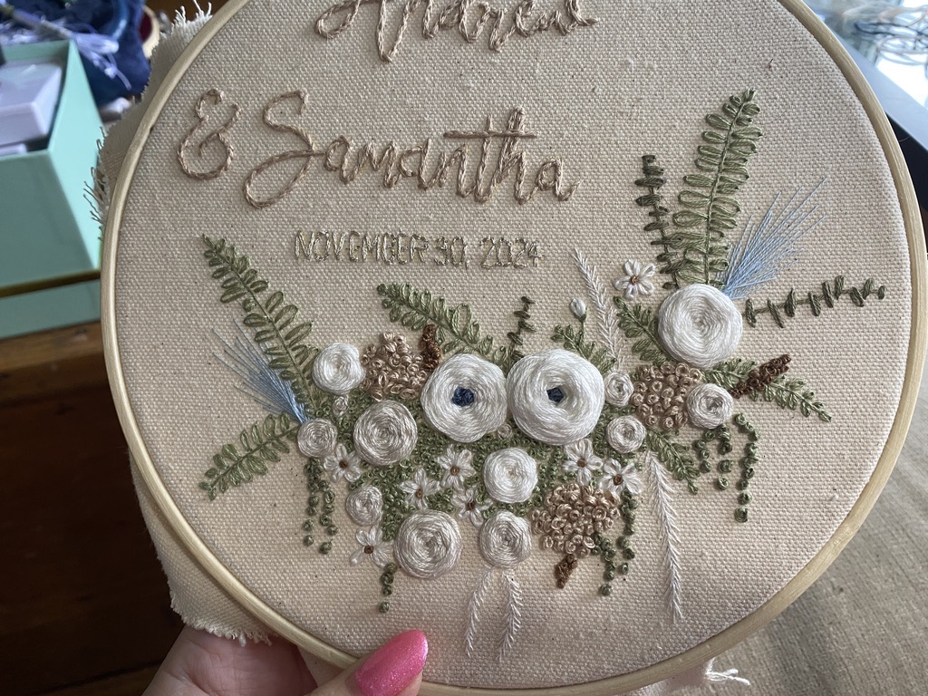 Custom Personalized Floral Wedding Embroidery, hand-stitched, bridal flowers, gift for bride and groom, unique and special home decor - Image 12