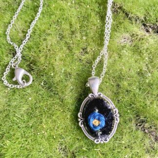 Hand Embroidered Necklace- Tiny, black velvet blue flower
