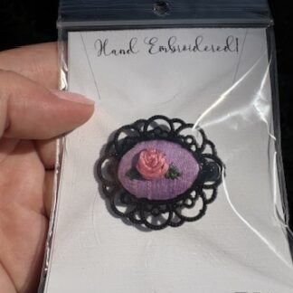 Embroidered Hairclip Cabachon- black, pink rose on purple silk