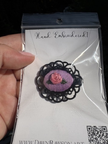 Embroidered Hairclip Cabachon- black, pink rose on purple silk