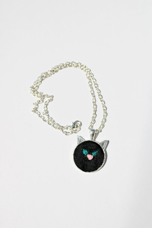 Cat Ear Hand Embroidered Necklace – Silver Frame - Image 3