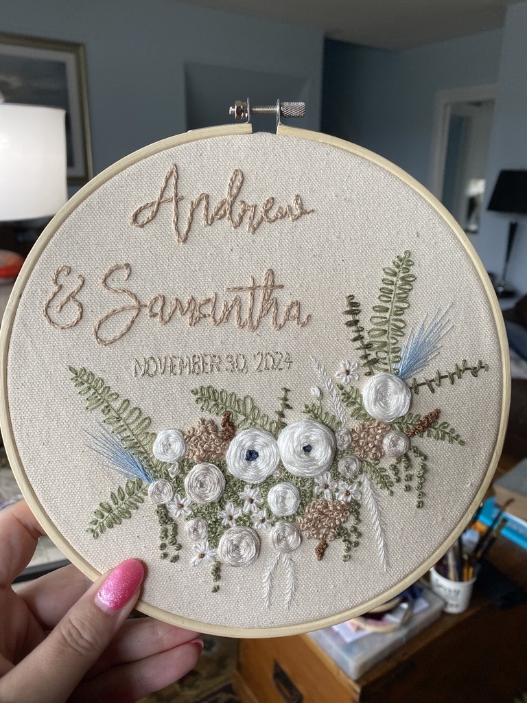 Custom Personalized Floral Wedding Embroidery, hand-stitched, bridal flowers, gift for bride and groom, unique and special home decor - Image 11
