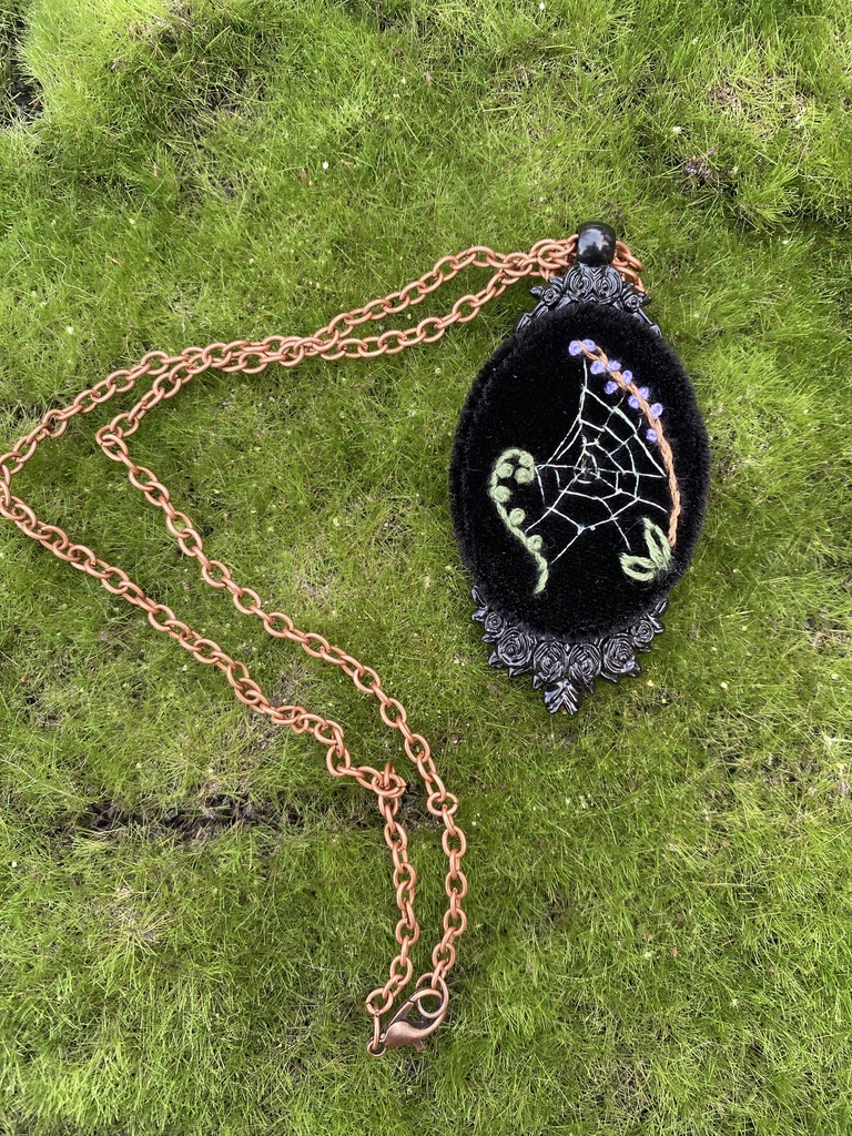 Hand Embroidered Spiderweb Necklace – Gothic Botanical Pendant with Purple Flowers, Dark Cottagecore Jewellery