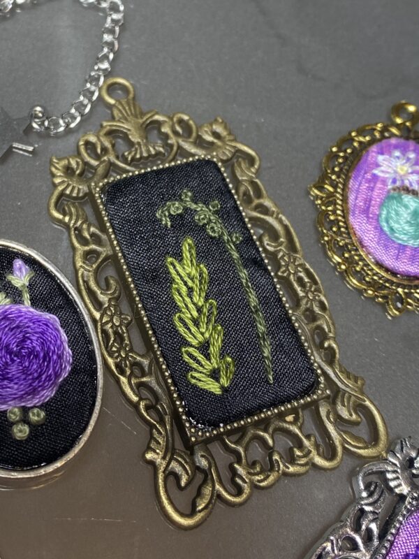 Botanical Hand Embroidered Necklace with Brass Frame