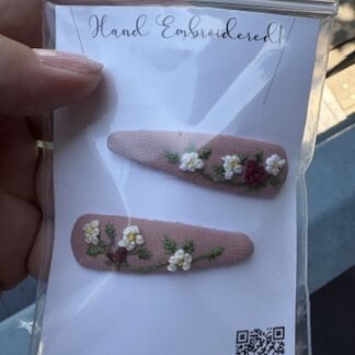 Hand Embroidered Hairclip Pair- raspberries & flowers on pink