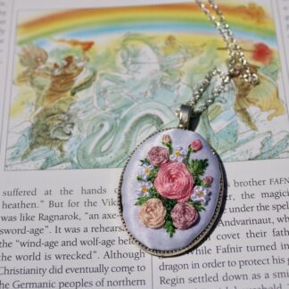 Hand Embroidered Floral Necklace- large white satin with pink roses