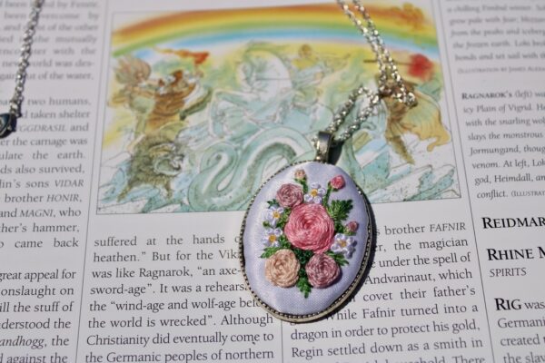 Hand Embroidered Floral Necklace- large white satin with pink roses