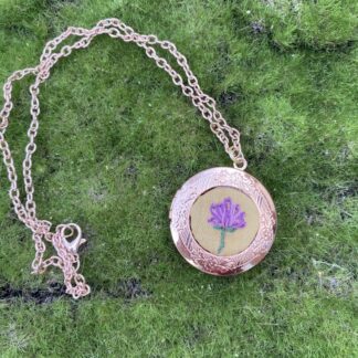 Purple Wildflower Hand Embroidered Necklace Locket on Gold Chain