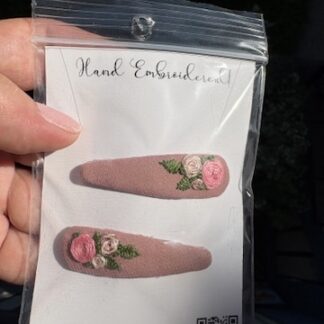 Hand Embroidered Hairclip Pair- pink roses on pink