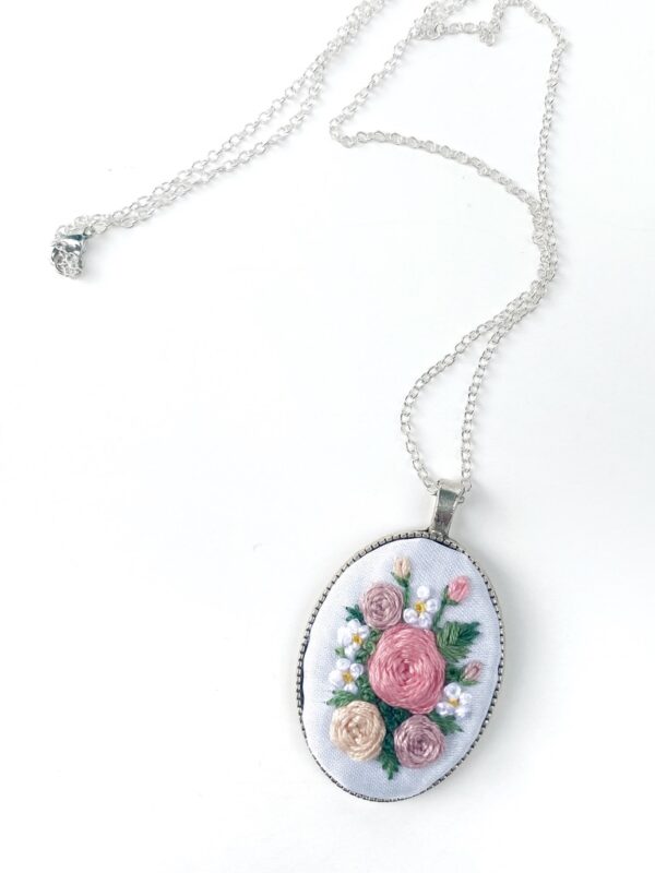 Hand Embroidered Floral Necklace- large white satin with pink roses - Image 2