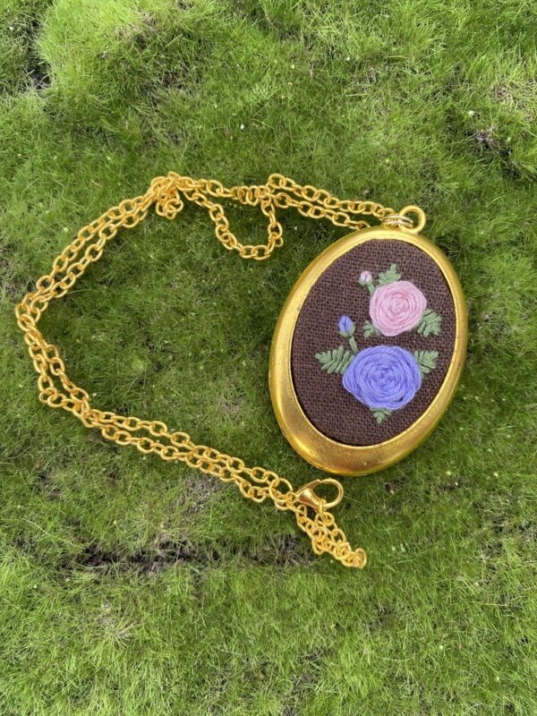 Pink and Purple Rose Hand Embroidered Necklace with Gold Frame