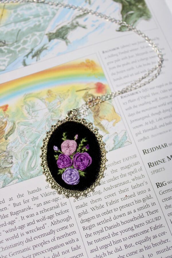 Purple Rose Cluster Hand Embroidered Necklace