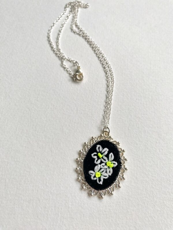 Hand Embroidered Necklace- small, black velvet with glow in the dark daisies - Image 4