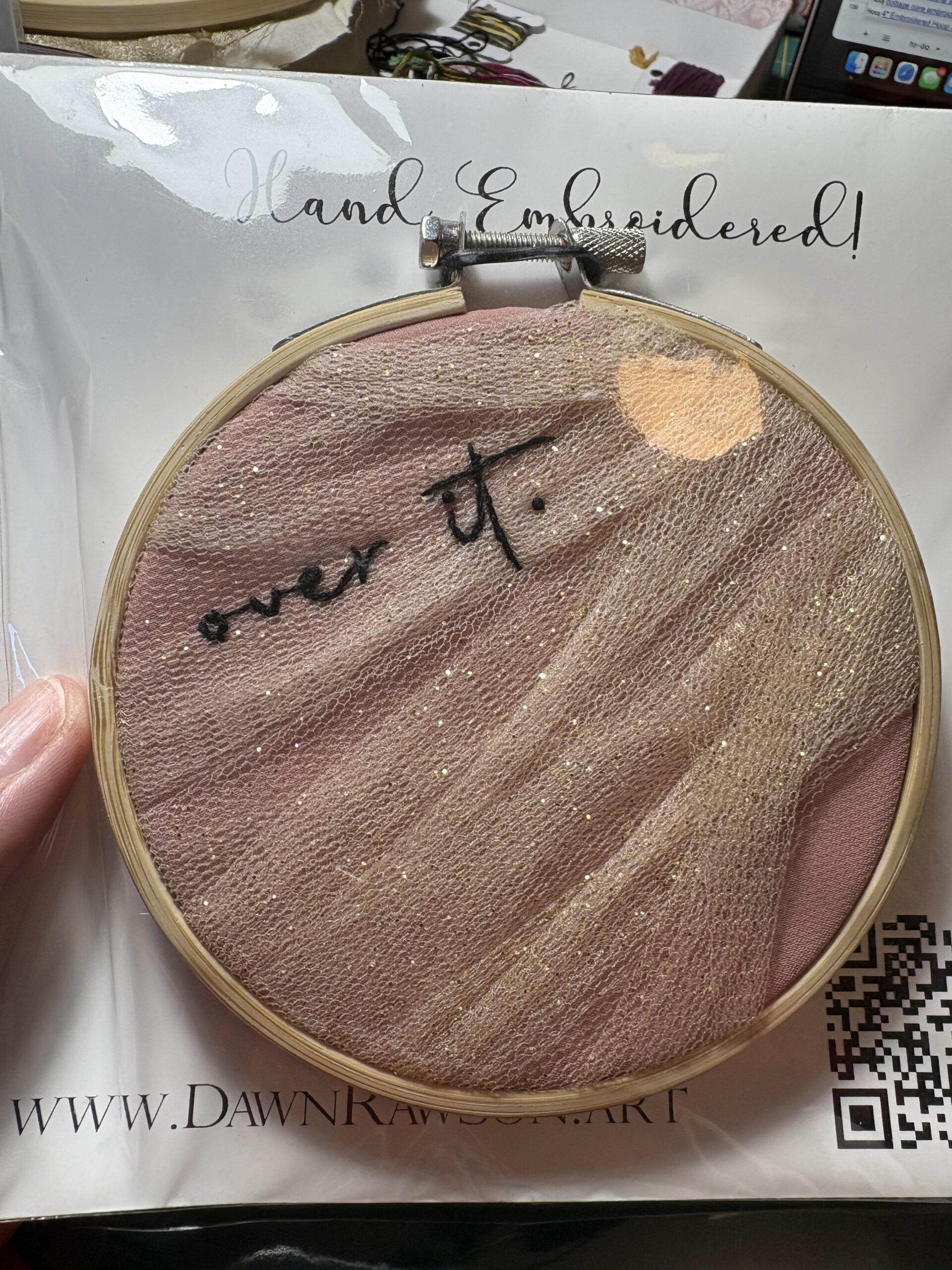 4" Pink Glitter "Over it." Hoop Embroidery