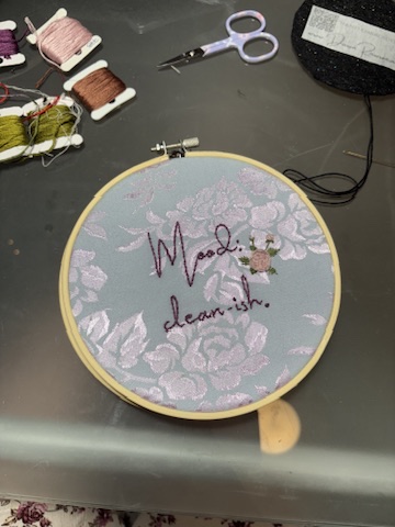 6" “Mood: Clean-ish.” Mauve Brocade Floral Hoop Embroidery