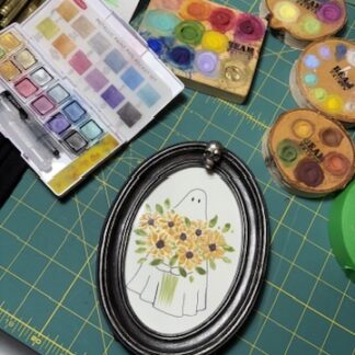 4x6" Oval Framed Ghost with Sunflowers Watercolour Painting