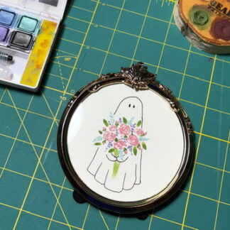 4x4" Round Ghost with Pink Bouquet Watercolour Painting