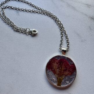 Resin Jewelry- Floral Cabochon pendant floral resin necklace- silver